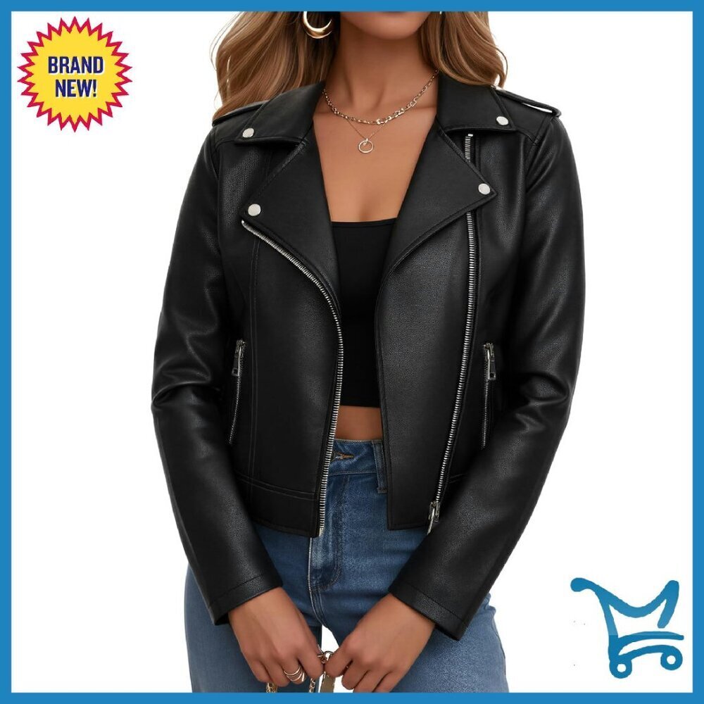 Faux Leather Cropped Moto Jacket - Small, Edgy Vintage Style